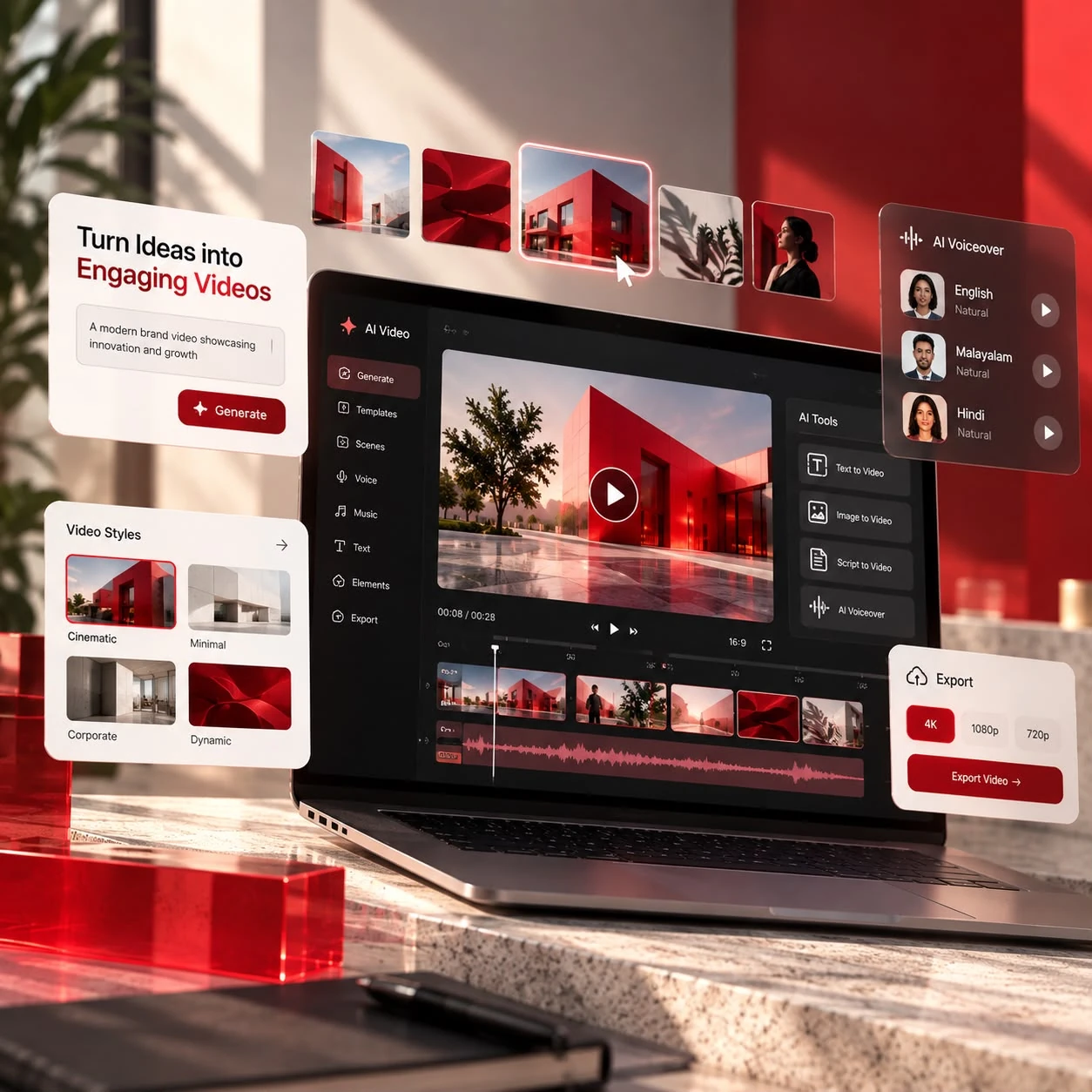 Video editing workspace with a timeline and AI video tools