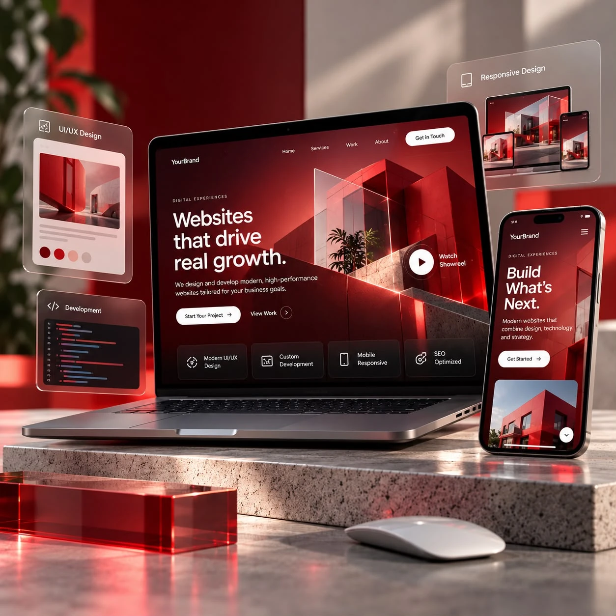 Responsive website designs displayed on a laptop, tablet and phone