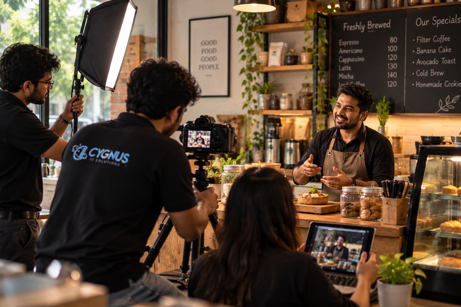 Cygnus team filming a café owner on location for his brand