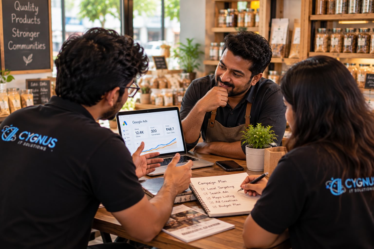 Cygnus team reviewing Google Ads results with a café owner