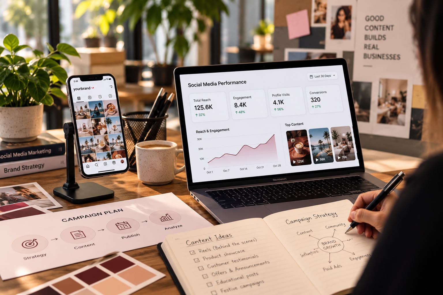 Social media performance dashboard showing reach and engagement rising