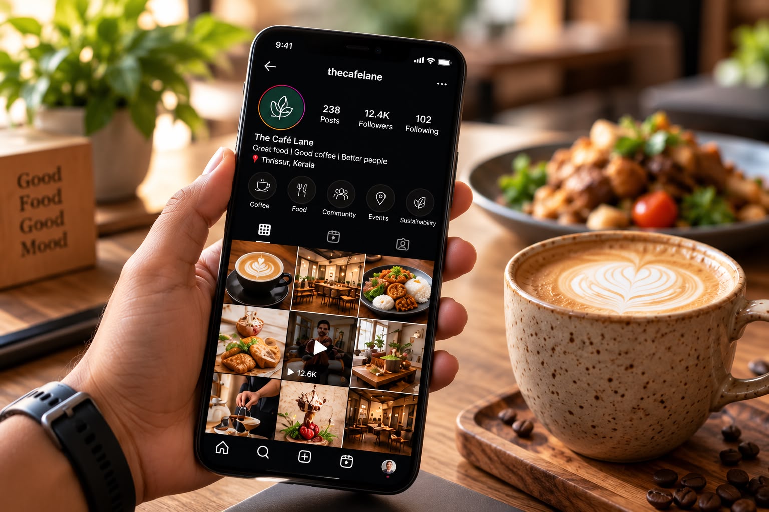 Instagram business profile of a café in Thrissur with a growing following